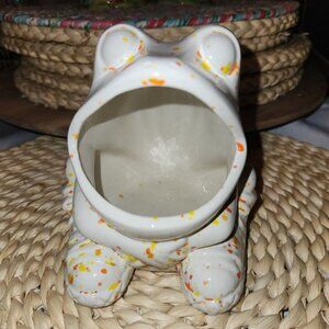 Vintage Ceramic Frog Planter Sponge Holder With Speckled Orange & Yellow Design